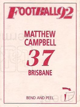 1992 Select AFL Stickers #37 Matthew Campbell Back